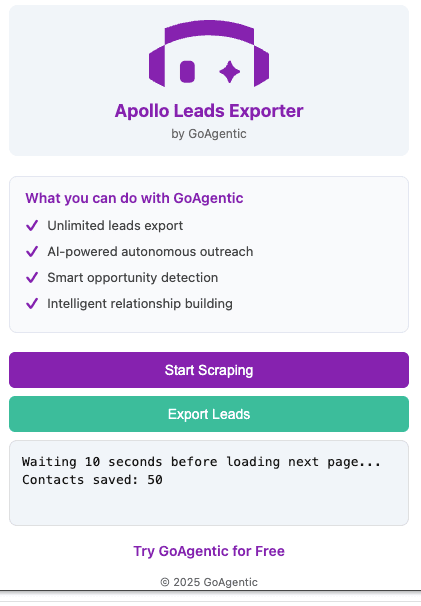 GoAgentic Apollo Lead Exporter extension interface